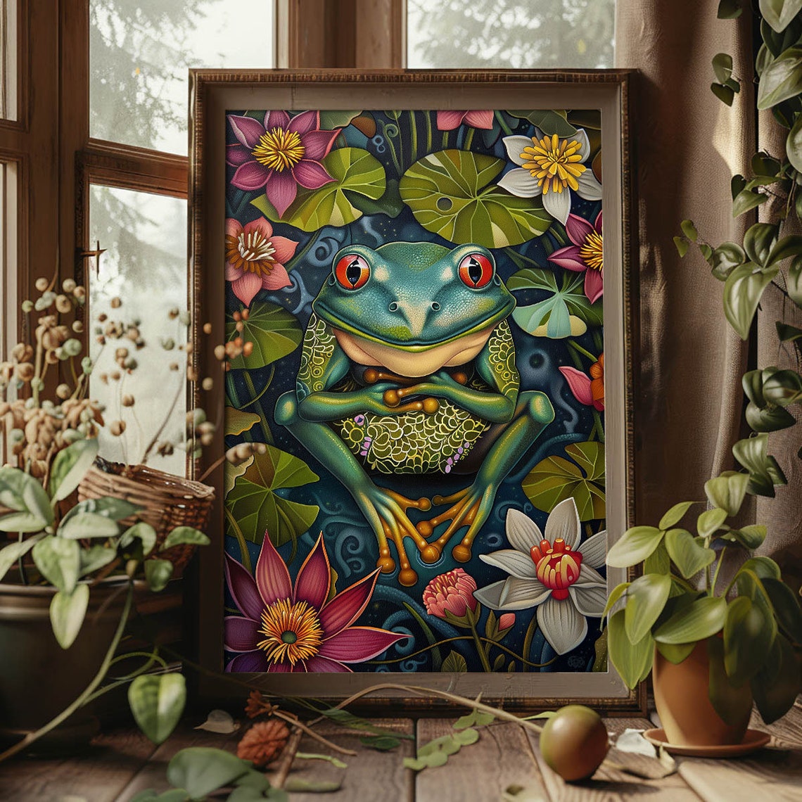 Green Tree Frog Lotus Flowers Midnight Pond Whimsical Art Poster - Image 3