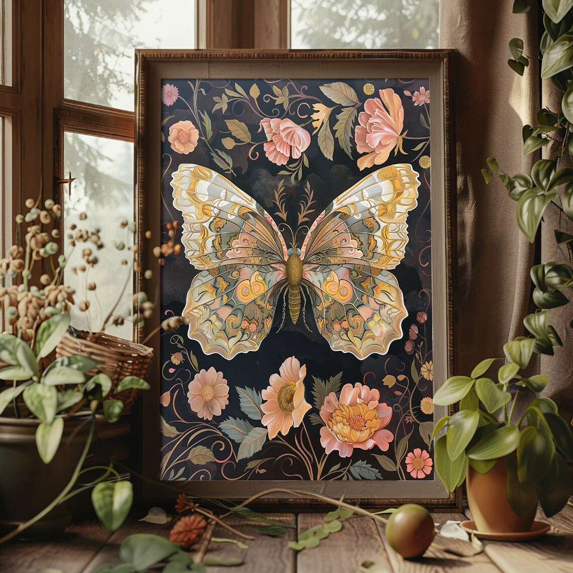 Golden Butterfly On Dark Ground With Pink Flowers Ornate Insect Poster - Image 3