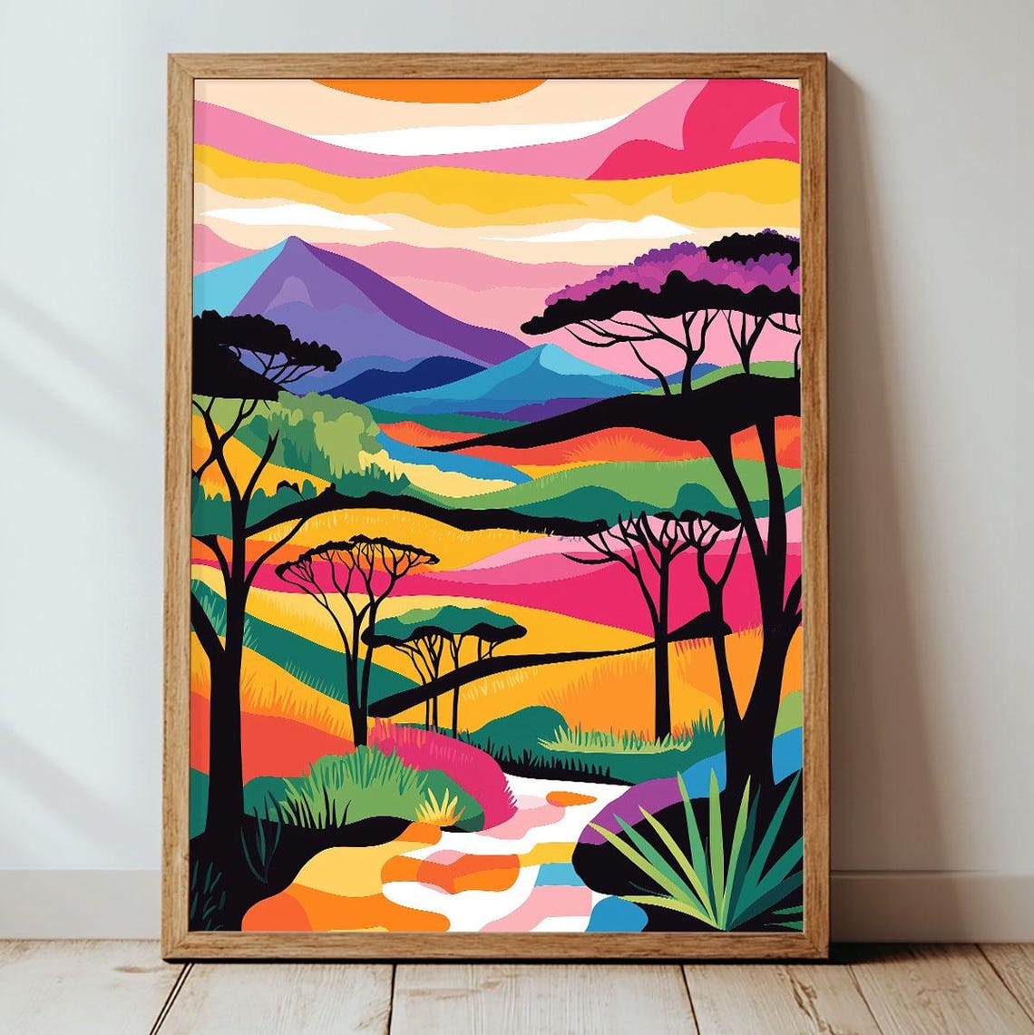 Colorful African Savanna Sunset Vivid Abstract Landscape Wall Art