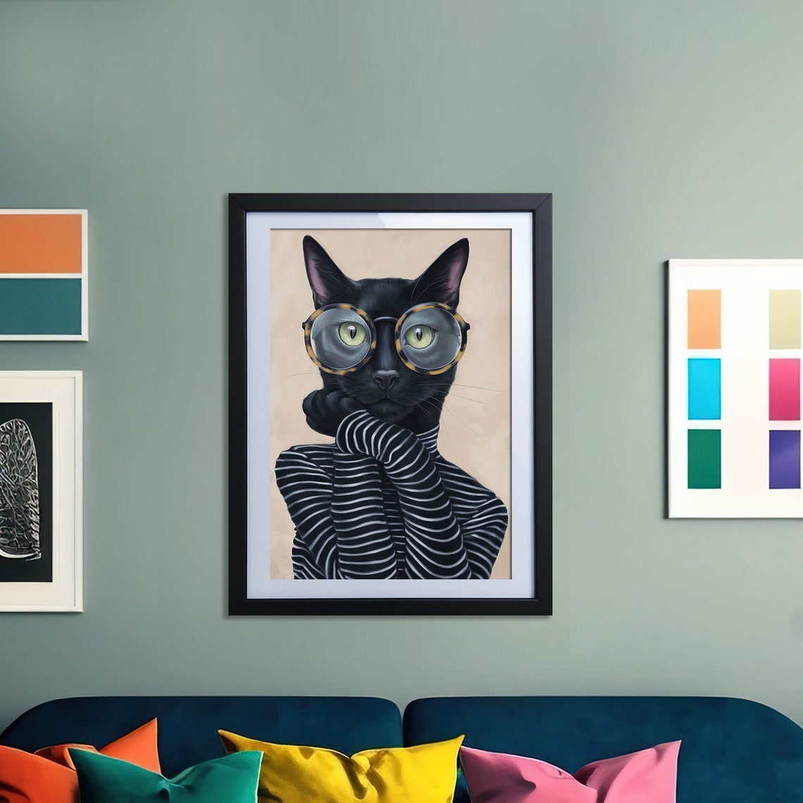 Black Cat Wearing Round Glasses And Striped Turtleneck Fun Cat Poster - Image 3