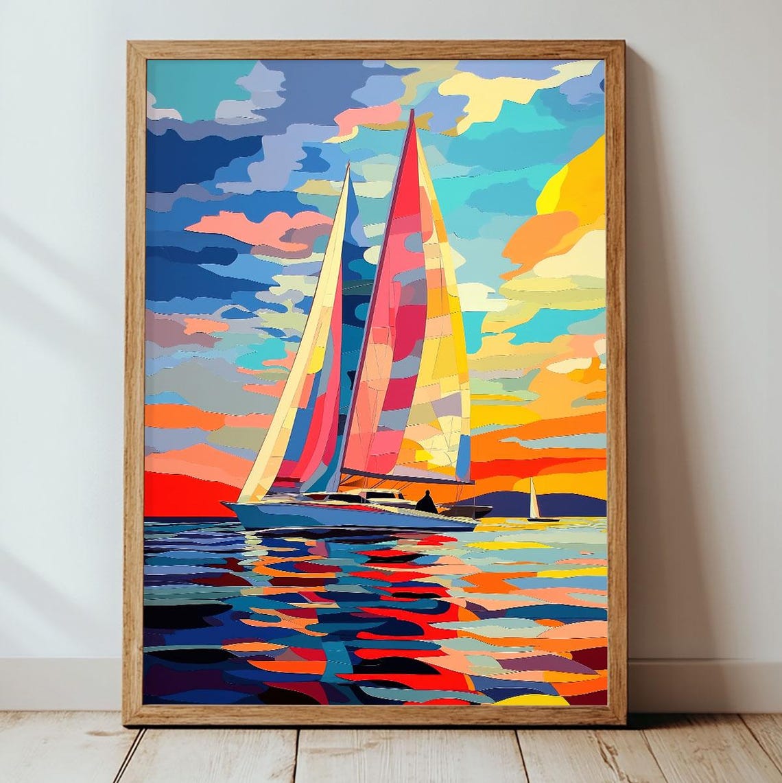 Vivid Colorful Sailboat Sunset Ocean Abstract Sailing Wall Art