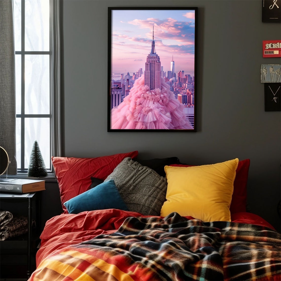 Empire State Building Pink Tulle Dress NYC Skyline Art Poster - Image 3