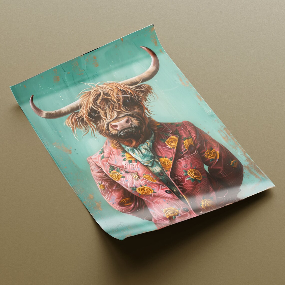 Highland Cow In Floral Pink Blazer Teal Portrait Animal Poster - Image 4