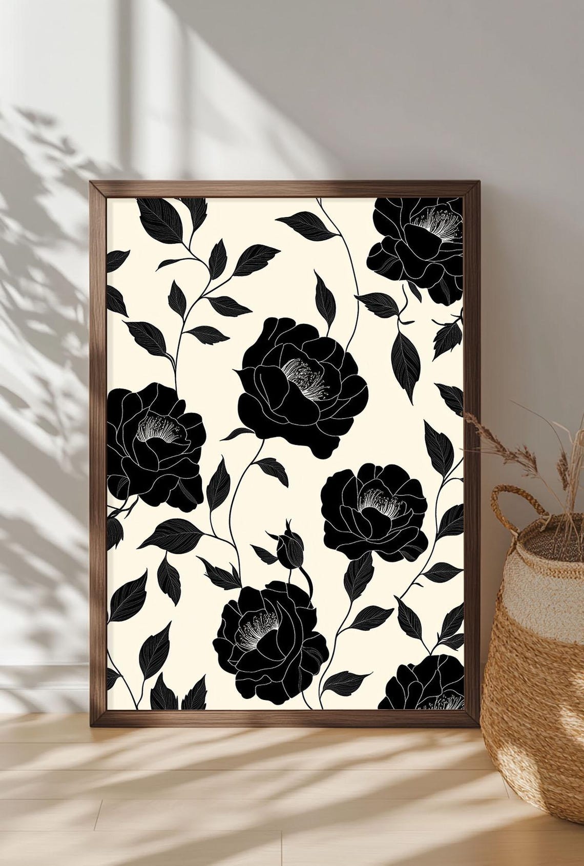 Modern Black Floral Pattern on Cream Elegant Botanical Wall Art - Image 4
