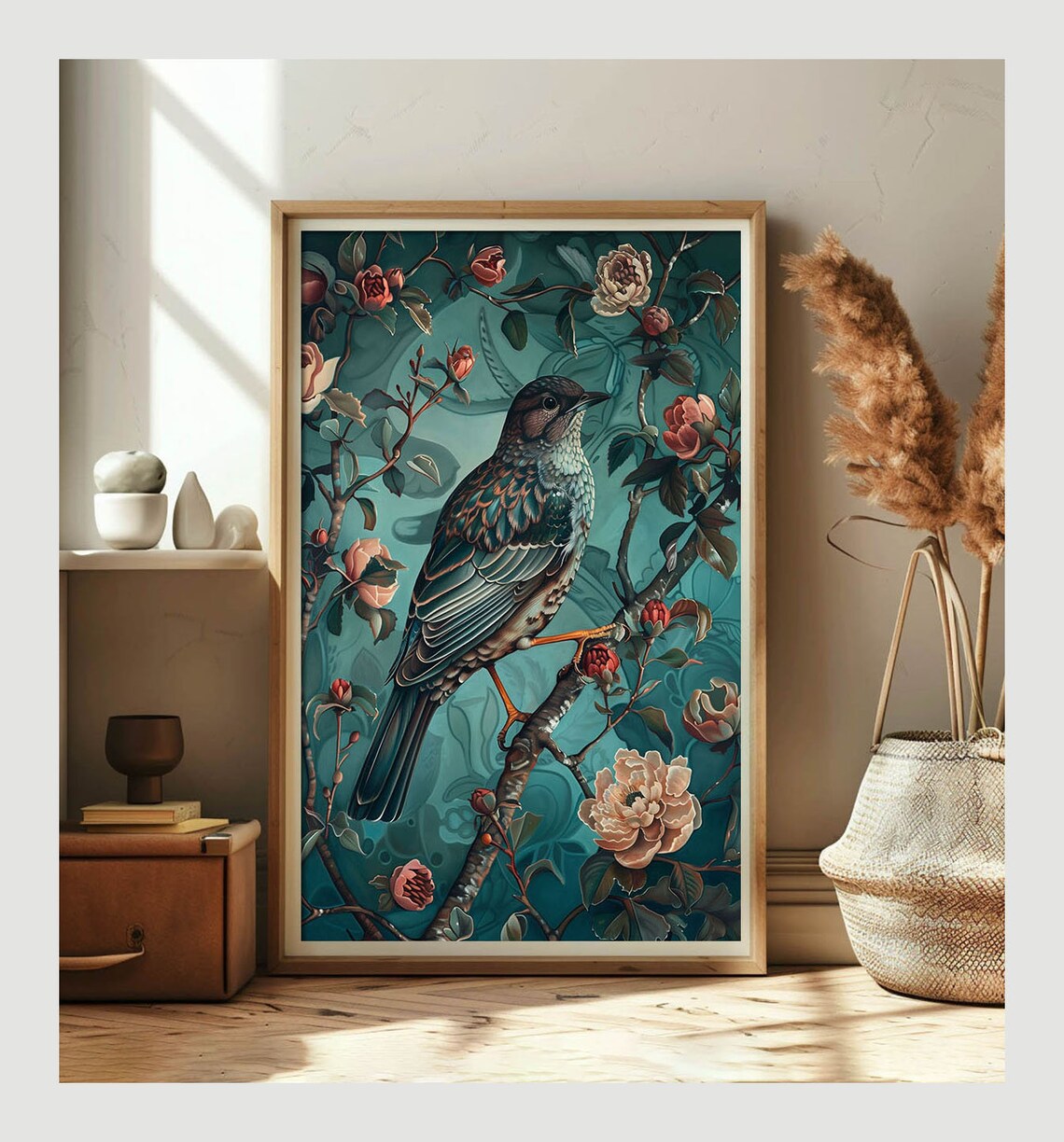 Turquoise Songbird Among Roses Vintage Style Floral Bird Art Poster