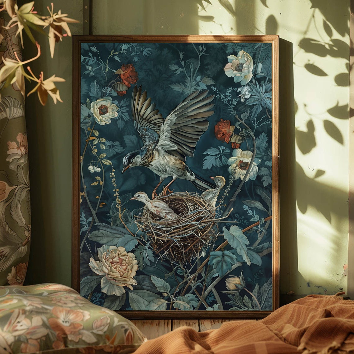 Bird Landing In Nest Moody Botanical Floral Illustration Poster - Image 4