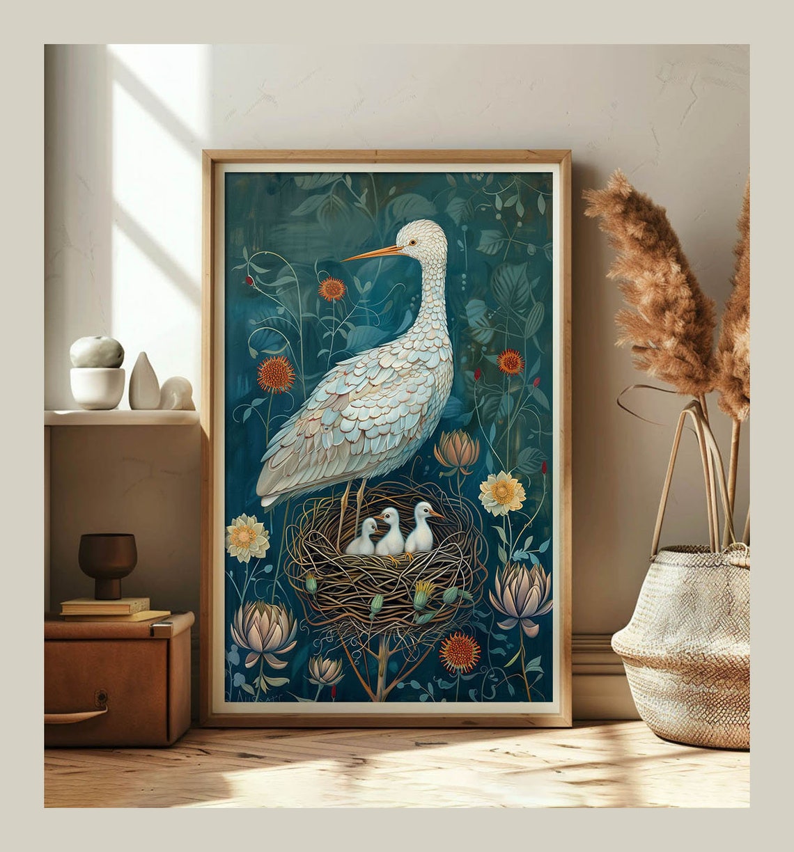 White Egret With Three Chicks In Nest Deep Teal Floral Bird Art Poster