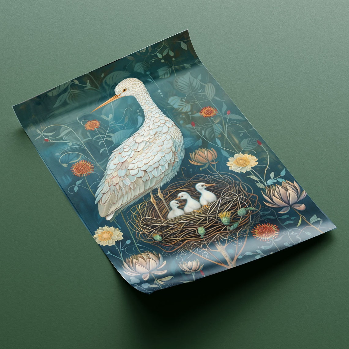 White Egret With Three Chicks In Nest Deep Teal Floral Bird Art Poster - Image 2