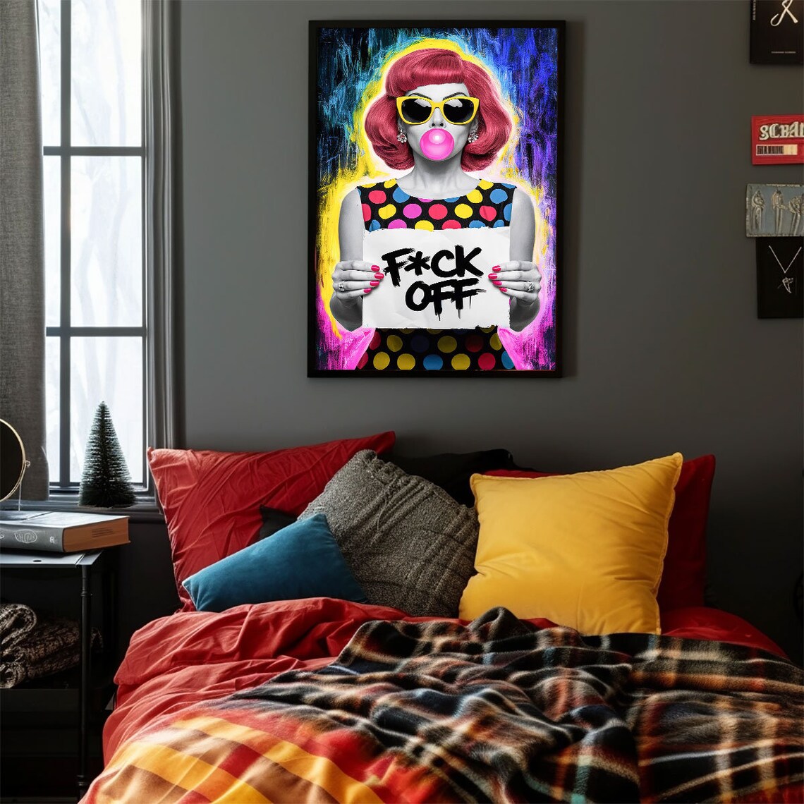 Colorful Pop Art Woman F*CK Off Sign Red Hair Bubble Gum Fun Poster - Image 2