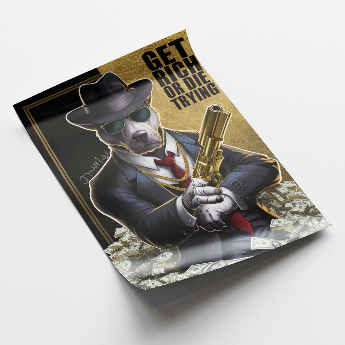 Get Rich Or Die Trying Gangster Dog Suit Gold Gun Money Poster - Image 4