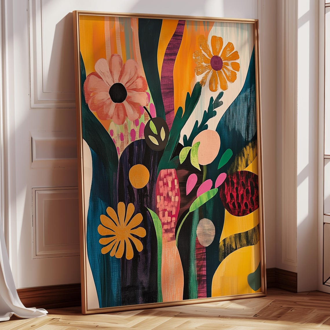 Abstract Floral Wall Art Print Vibrant Botanical Decor Midcentury Modern Inspired Flower Painting Eclectic Home Gallery