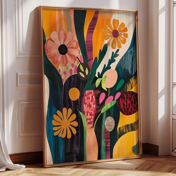 Abstract Floral Wall Art Print Vibrant Botanical Decor Midcentury Modern Inspired Flower Painting Eclectic Home Gallery