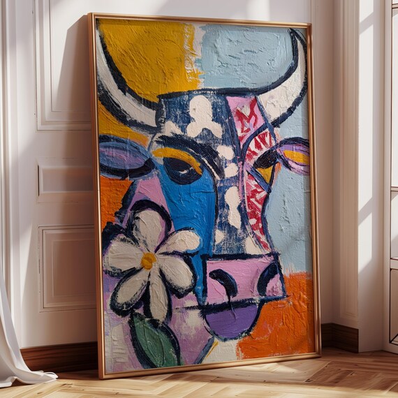 Colorful Picasso Style Abstract Cow Head Portrait Pop Art Poster