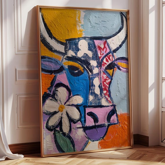 Vibrant Picasso Style Abstract Cow Art Print Colorful Pop Animal Painting For Modern Farmhouse Decor Bold Wall