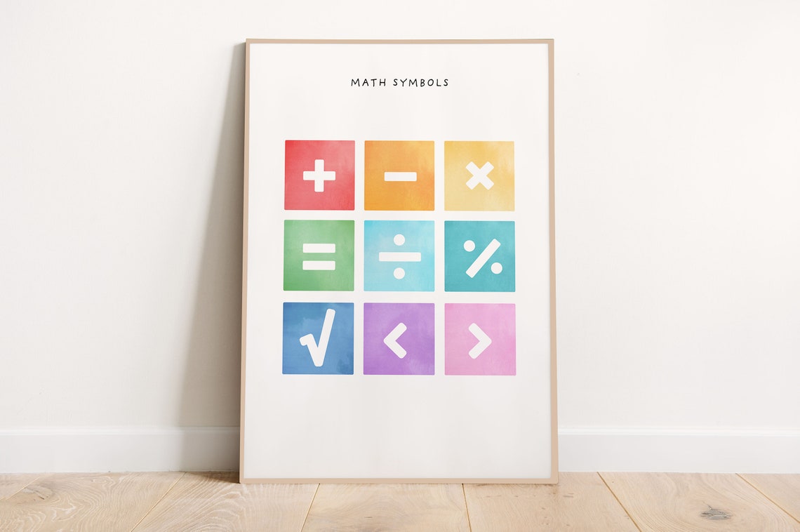 Math Symbols Colorful Squares Kids Educational Classroom Wall Art