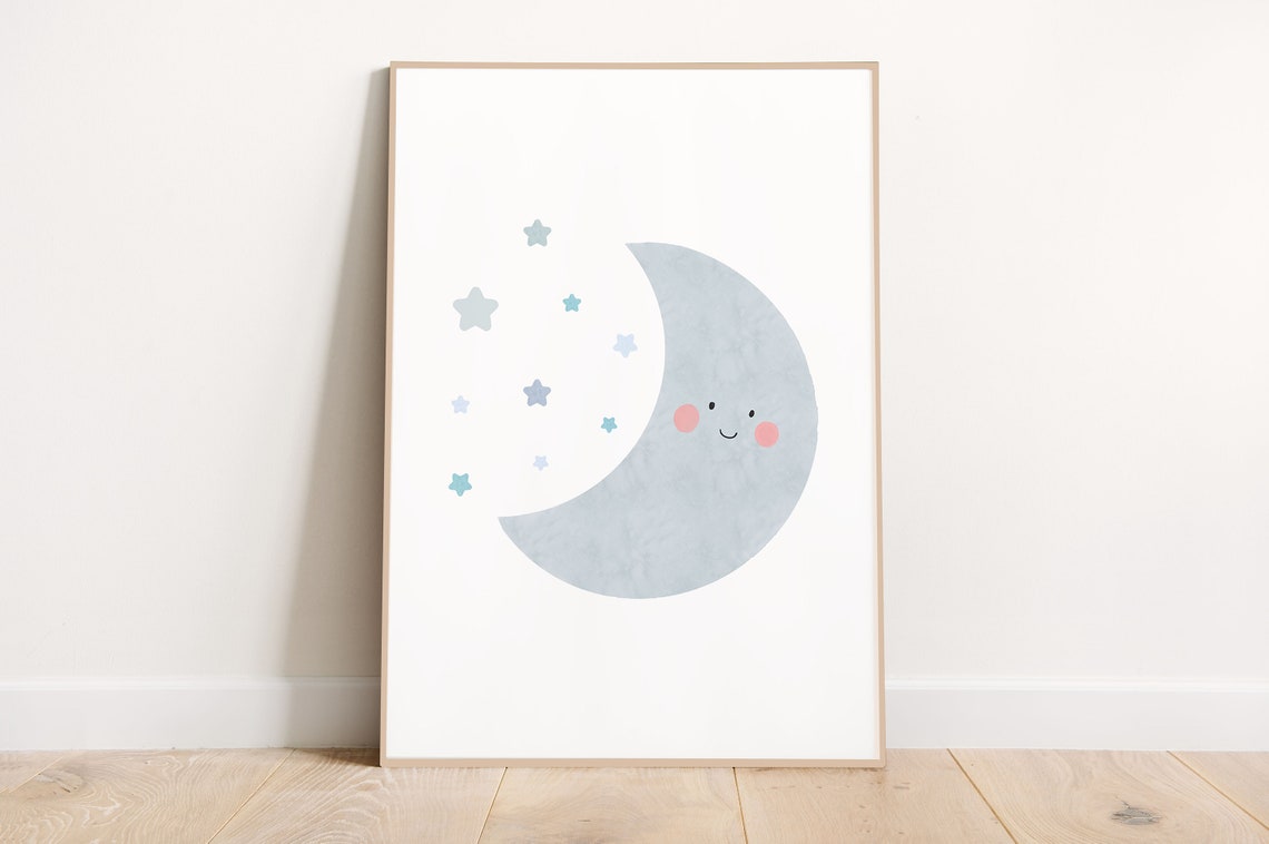 Moon Pastel Nursery Art Print Baby Wall Instant Shower Gift Kids Boho Decor