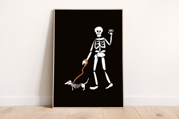Skeleton Walking Dog Halloween Boo Spooky Poster Dachshund Doxie Decor Hand Drawn Art Print Wall