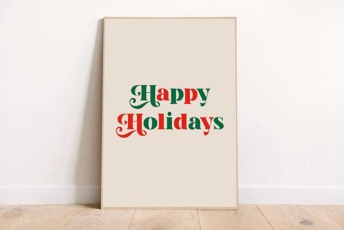 Happy Holidays Red Green Retro Script Cream Christmas Wall Poster
