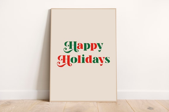 Happy Holidays Red Green Retro Script Cream Christmas Wall Poster