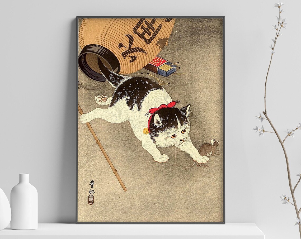 Japanese Cat Chasing Mouse Woodblock Style Vintage Art Poster