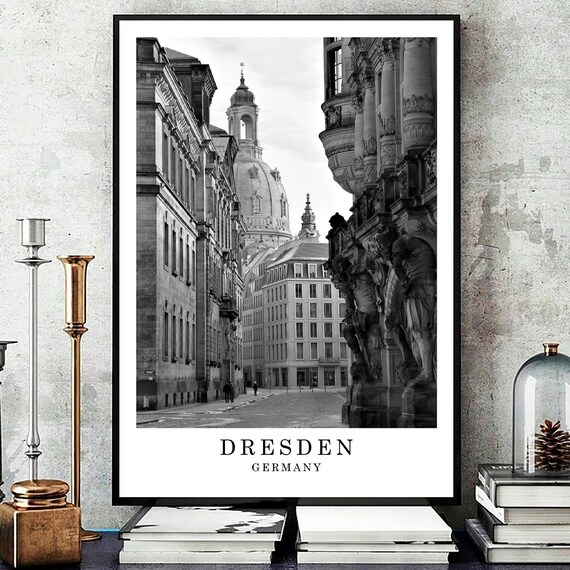 Dresden Germany Frauenkirche Old Town Street Black White Photo Poster