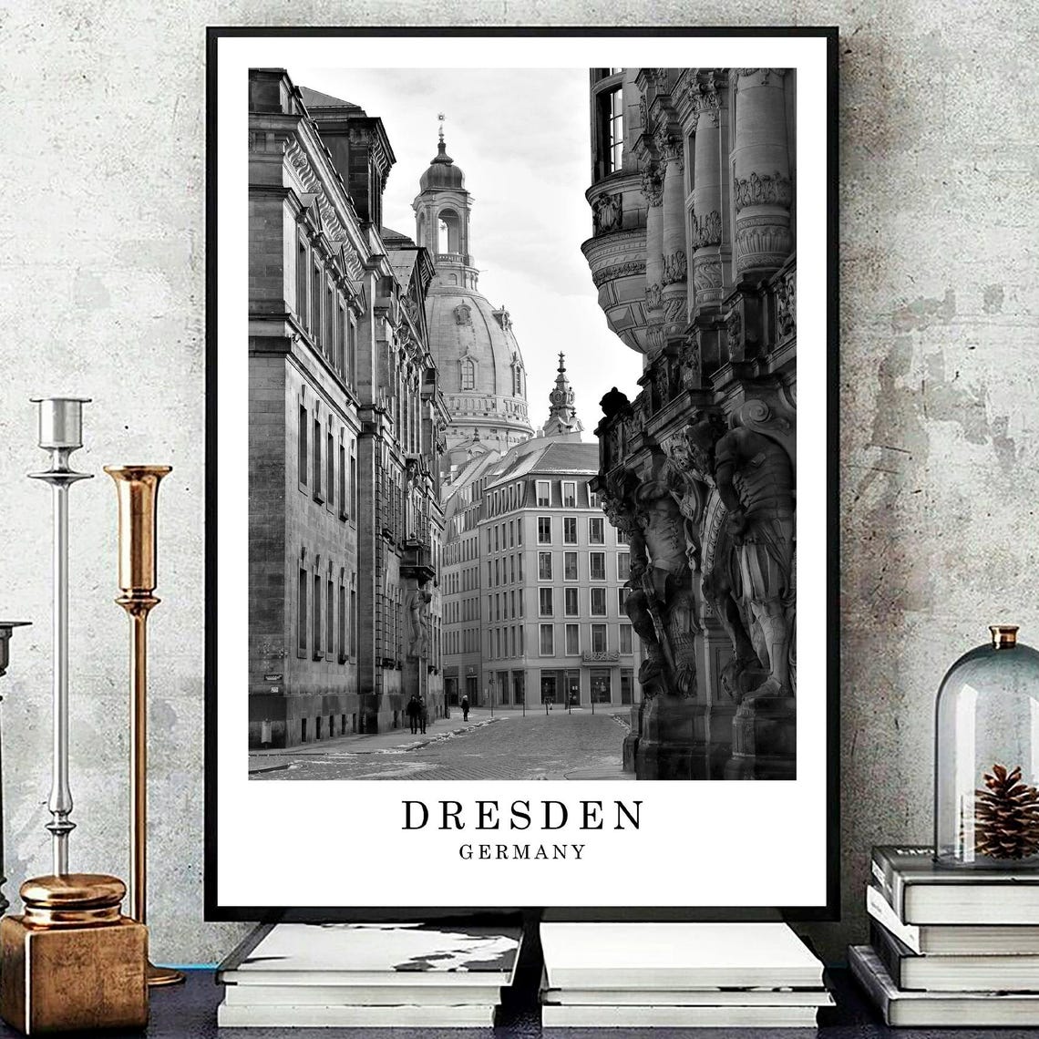 Dresden Germany Frauenkirche Old Town Street Black White Photo Poster