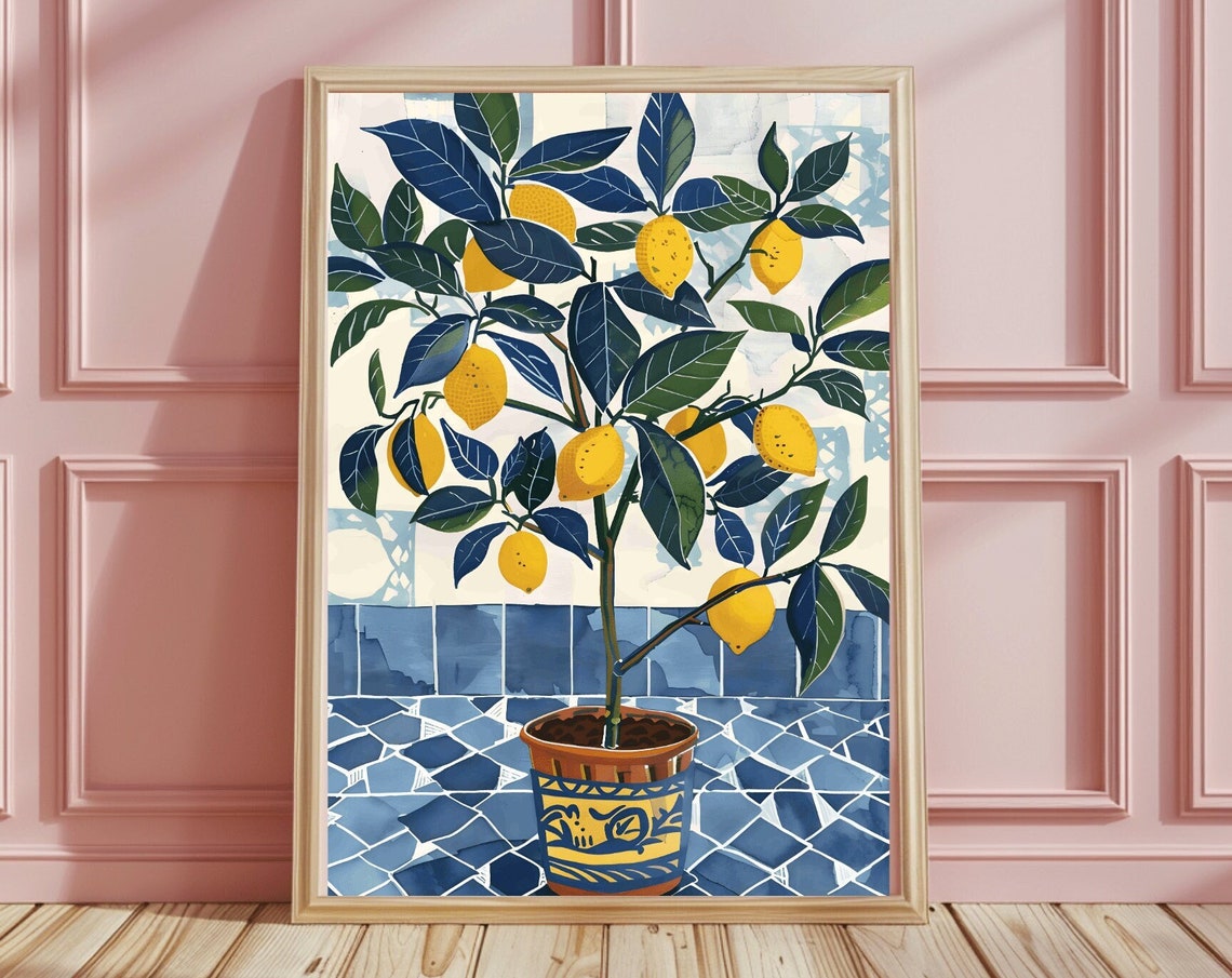 Yellow Lemon Tree Print Boho Tile Lemon Art Moroccan Blue Tile Wall Art Trendy Wall Art Bedroom Homedecor Living Room