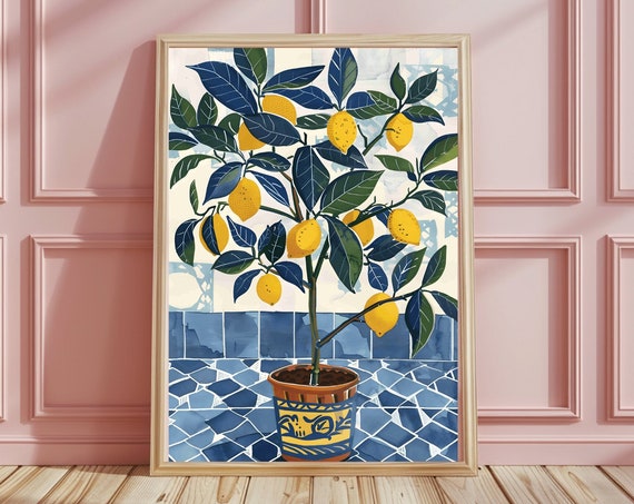 Yellow Lemon Tree Print Boho Tile Lemon Art Moroccan Blue Tile Wall Art Trendy Wall Art Bedroom Homedecor Living Room