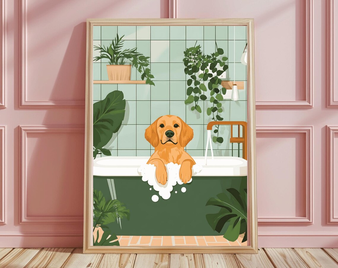 Golden Retriever Bubble Bath Green Tiled Bathroom Funny Poster