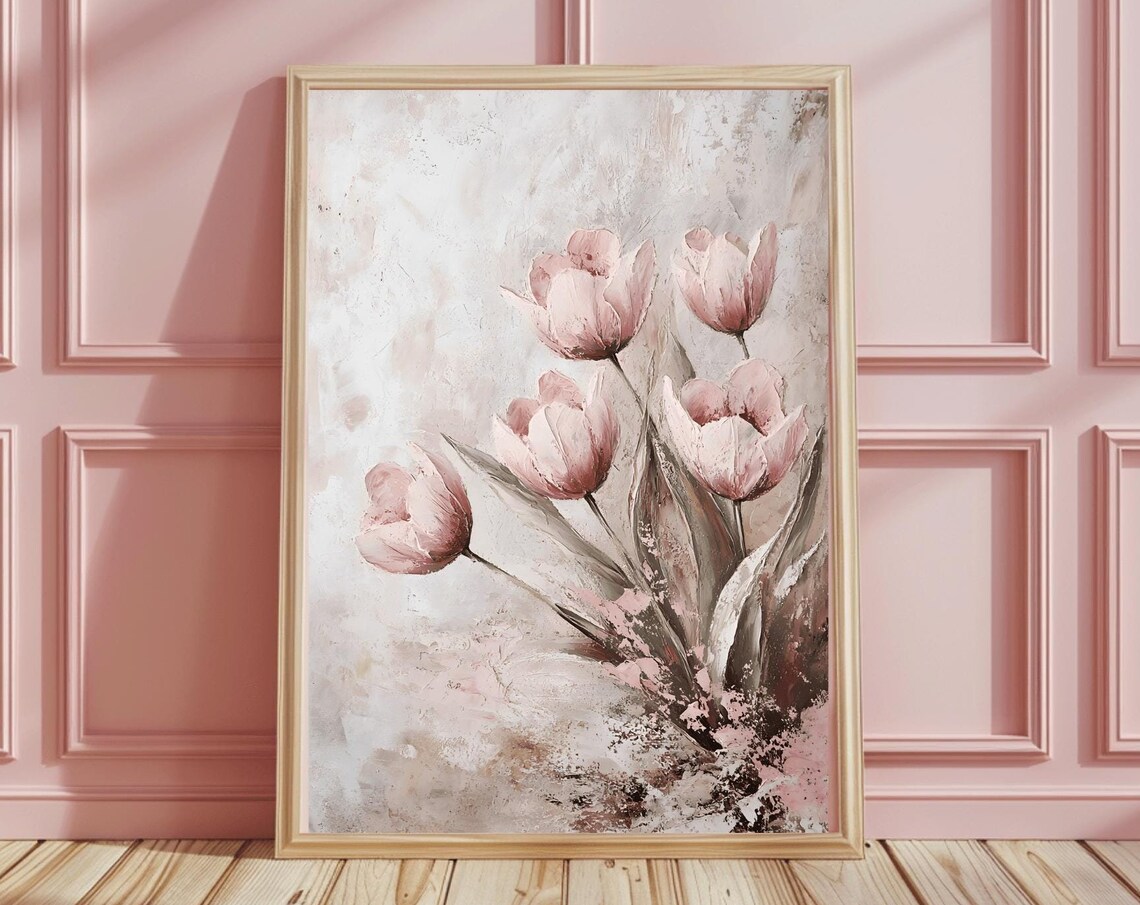 Pink Tulips Bouquet Textured Oil Painting Romantic Floral Poster