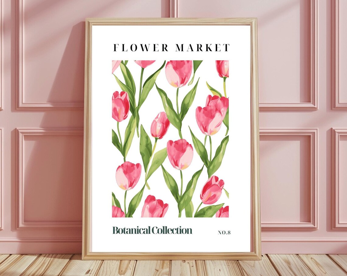 Flower Market Botanical No.8 Pink Tulips Watercolor Art Print