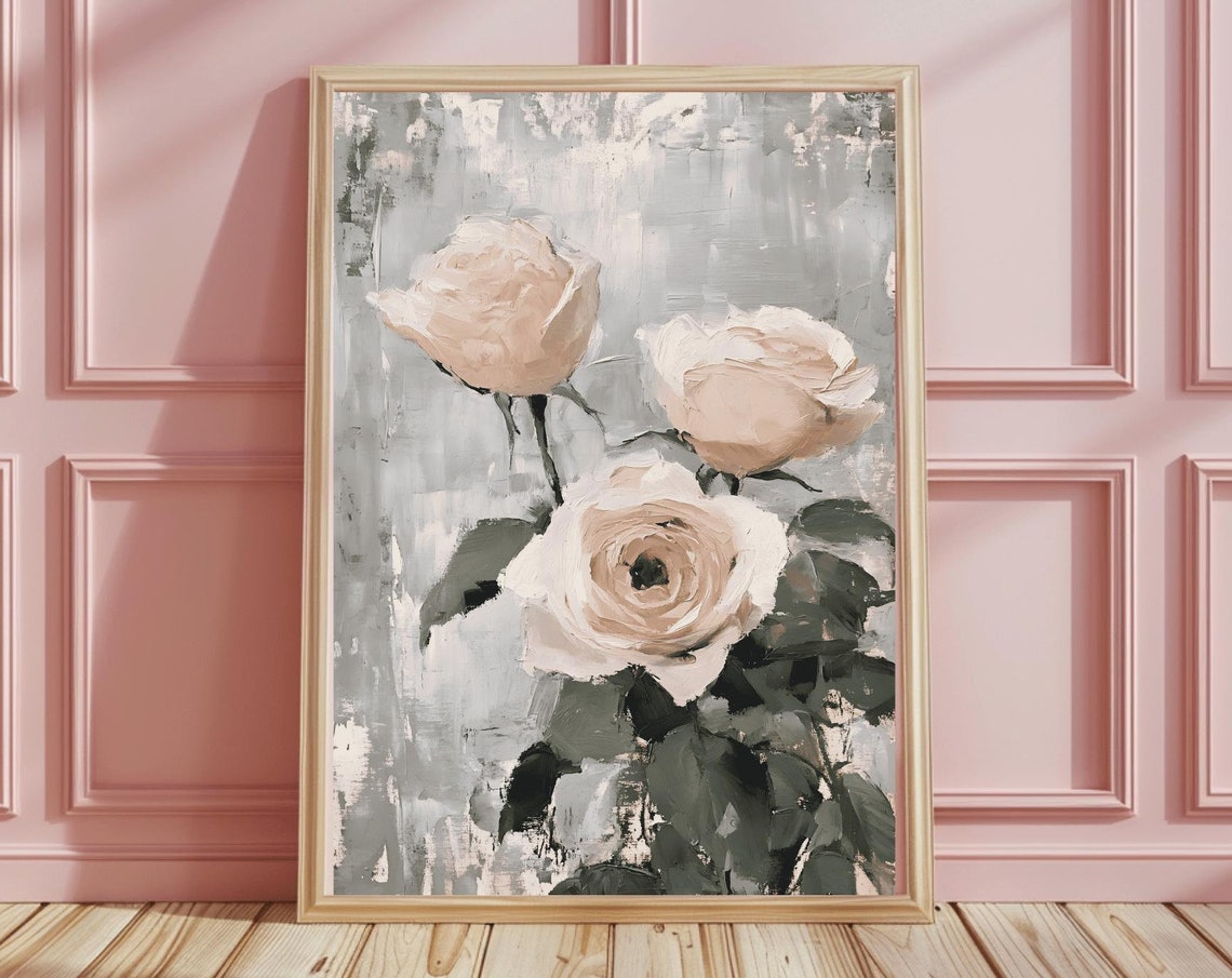 Three Cream Roses on Gray Textured Abstract Floral Art Poster