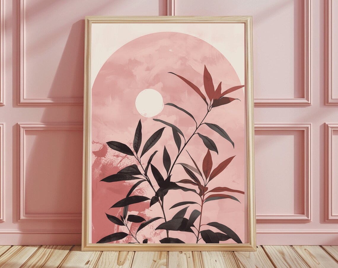 Japandi Pink Sun Arch Botanical Silhouette Leaves Art Poster