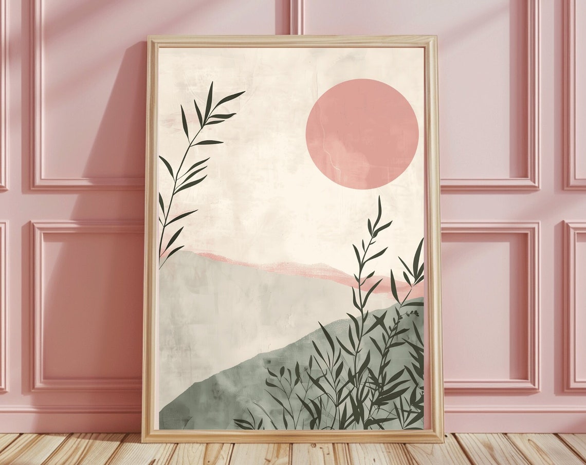 Japandi Minimal Pink Sun Abstract Landscape Sage Hills Poster