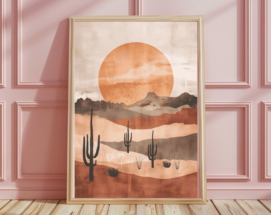Boho Desert Sunset Saguaro Cactus Terracotta Landscape Poster