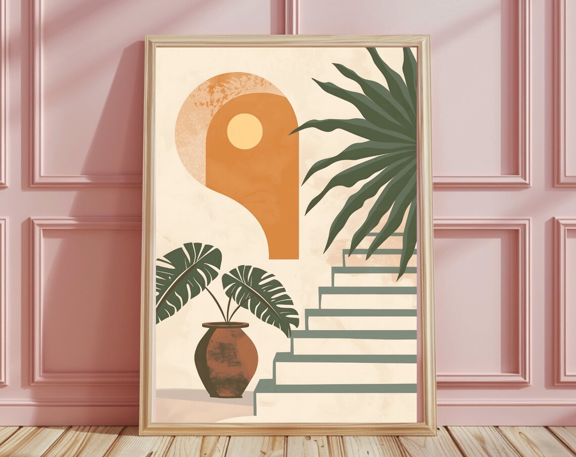 Tropical Terracotta Arch Sun Monstera and Staircase Boho Poster