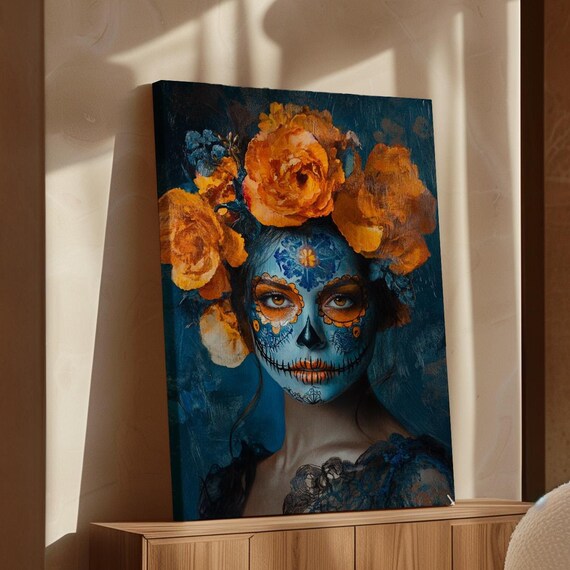 Blue Sugar Skull Orange Flowers Day Of The Dead Bold Portrait Poster