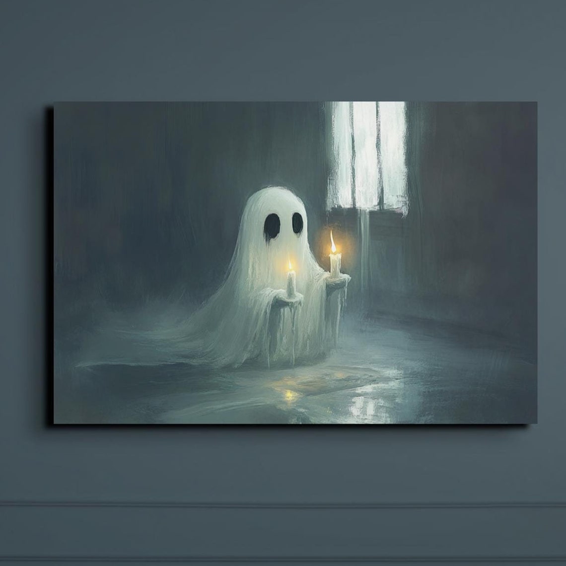 Sheet Ghost With Glowing Candles in a Quiet Dark Room at Night Poster