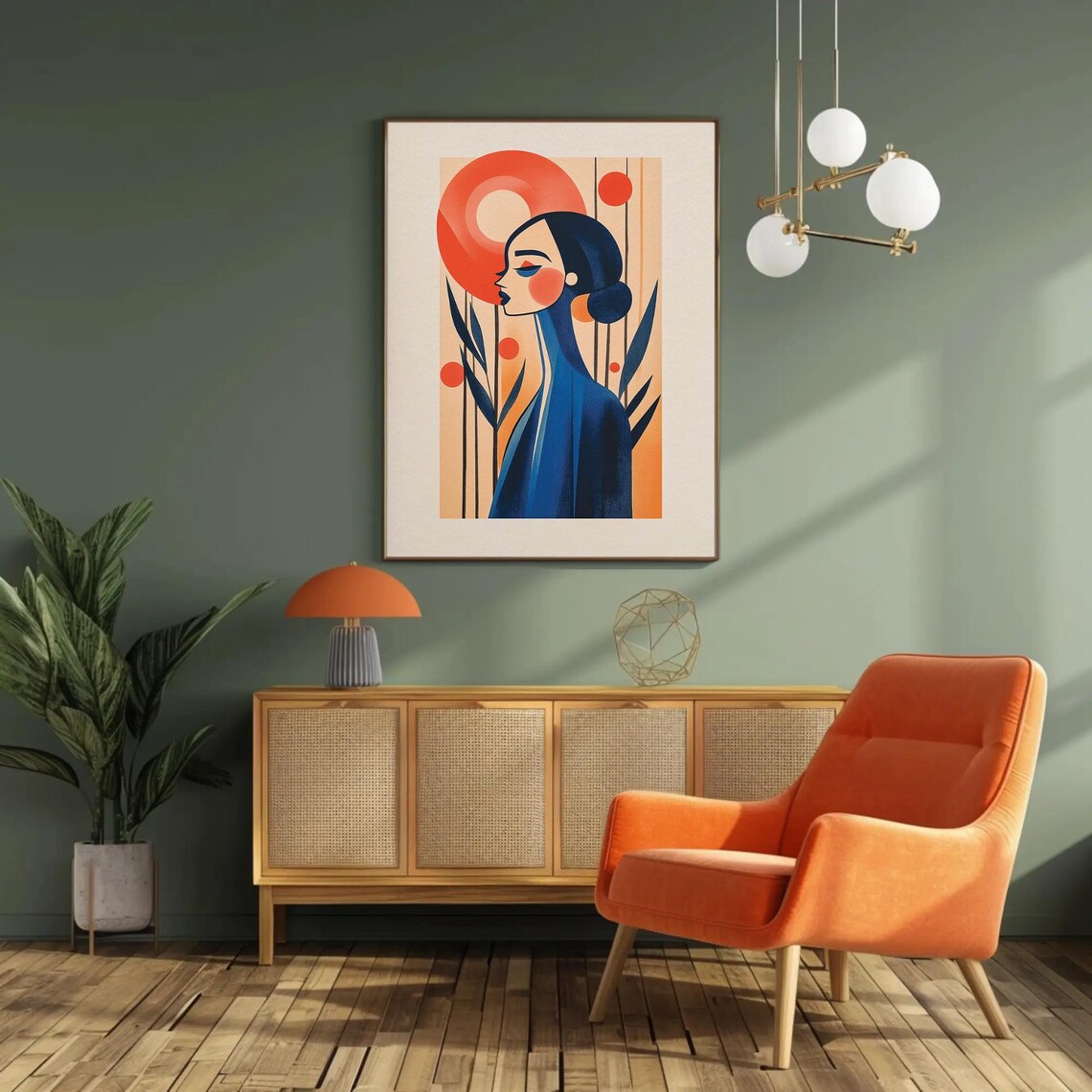 Mid Century Woman Profile with Orange Sun Circle Modern Art Print