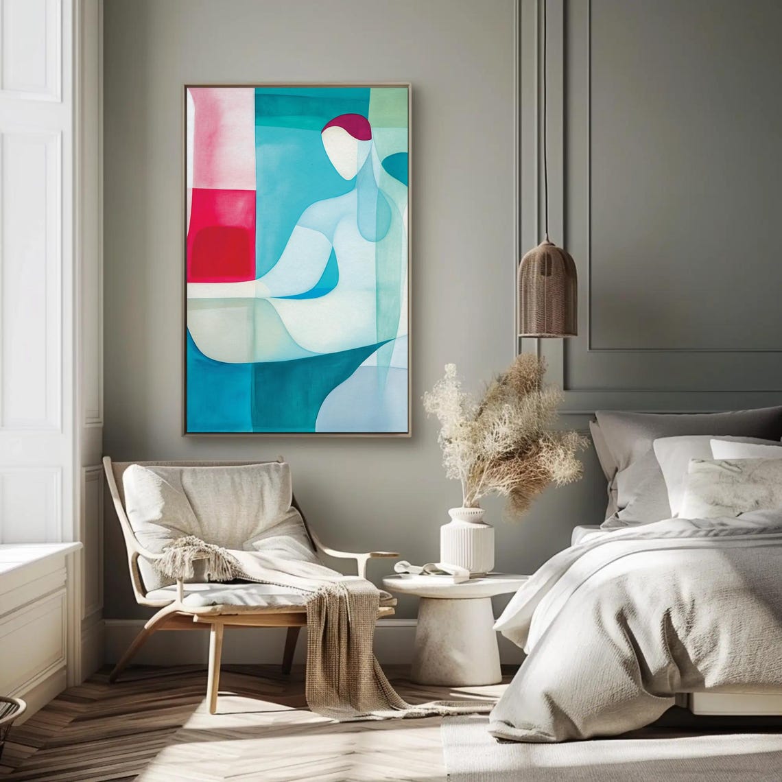 Abstract Cubist Man in Blue Pink Red Geometric Blocks Modern Poster