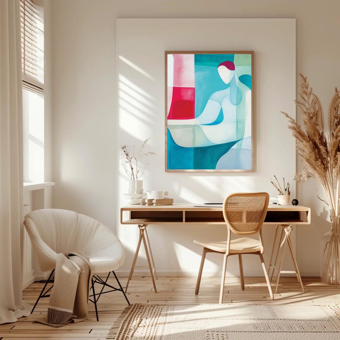 Abstract Cubist Man in Blue Pink Red Geometric Blocks Modern Poster - Image 3