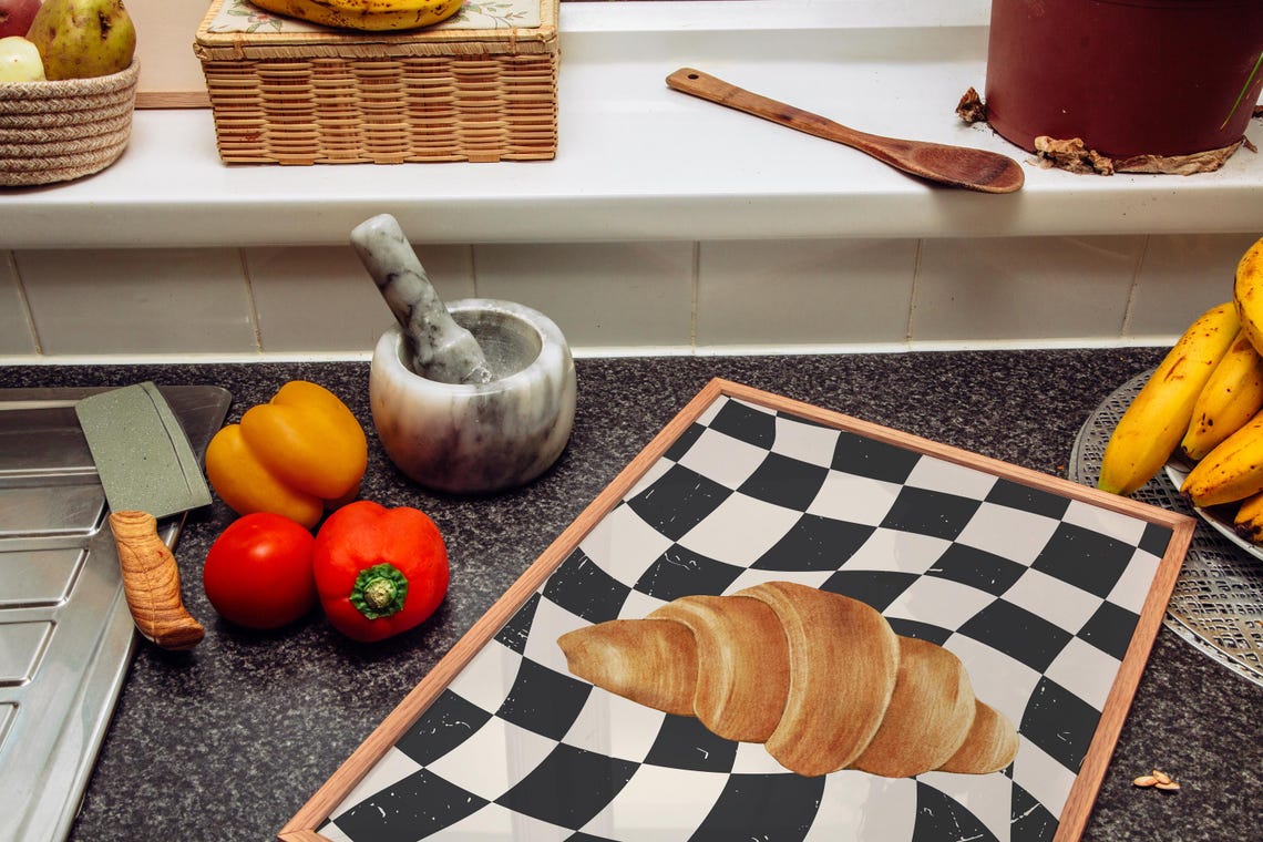 Buttery Croissant On Black Wavy Checkerboard Funky Kitchen Poster - Image 4