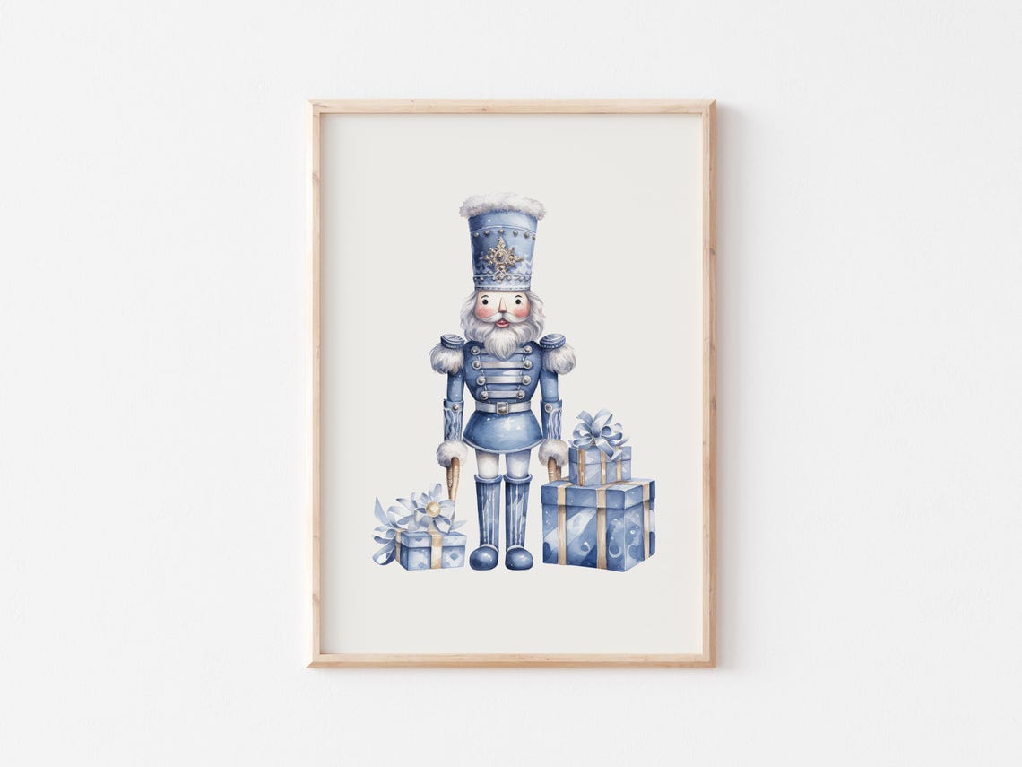 Pastel Blue Watercolor Nutcracker Soldier Gift Holiday Wall Art - Image 4