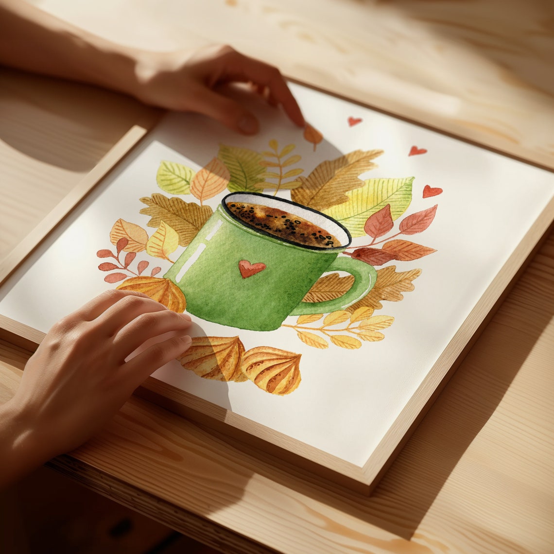 Green Cocoa Mug With Fall Leaves Watercolor Cozy Kitchen Poster - Image 2