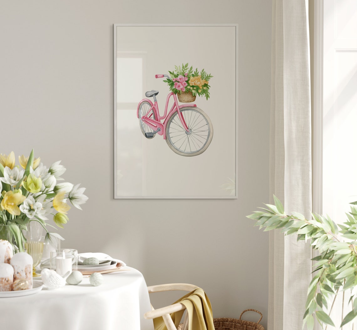 Pink Bicycle With Flower Basket Watercolor Spring Flower Poster - Image 5