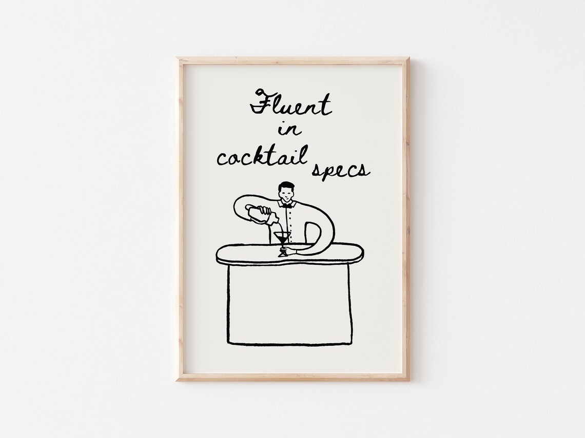 Fluent In Cocktail Specs Bartender Line Art Bar Cart Decor Poster - Image 2