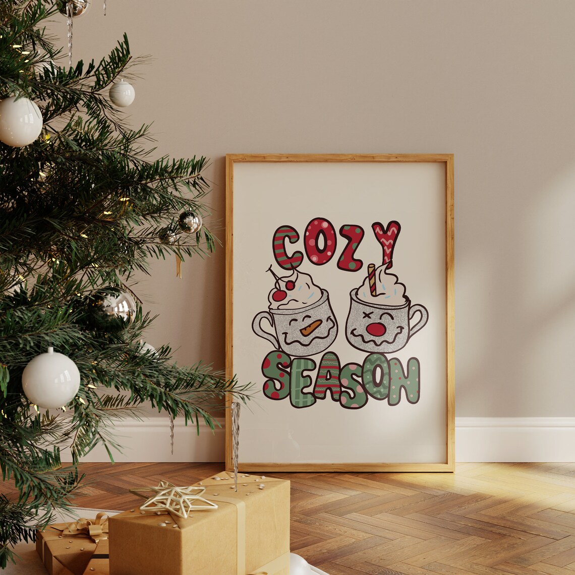 Cozy Season Two Smiling Hot Cocoa Mugs Retro Christmas Wall Poster - Image 4