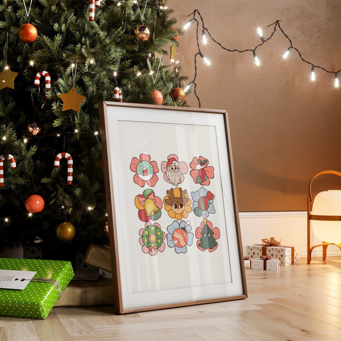 Groovy Retro Daisy Flowers With Christmas Icons Holiday Wall Poster - Image 2