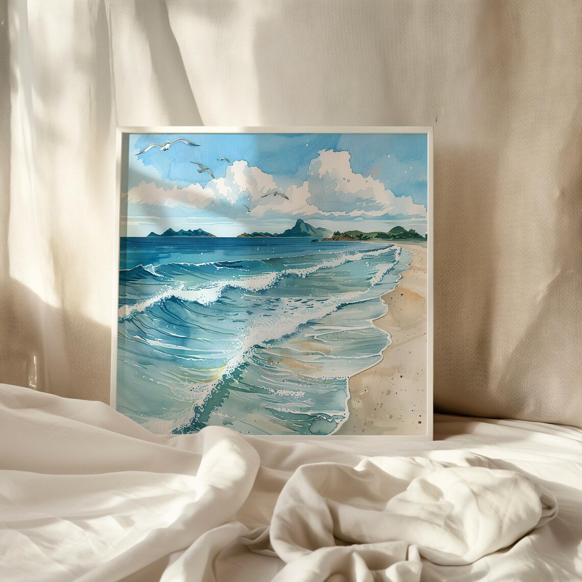 Tropical Beach Waves With Tropical Islands Watercolor Art Poster - Image 2