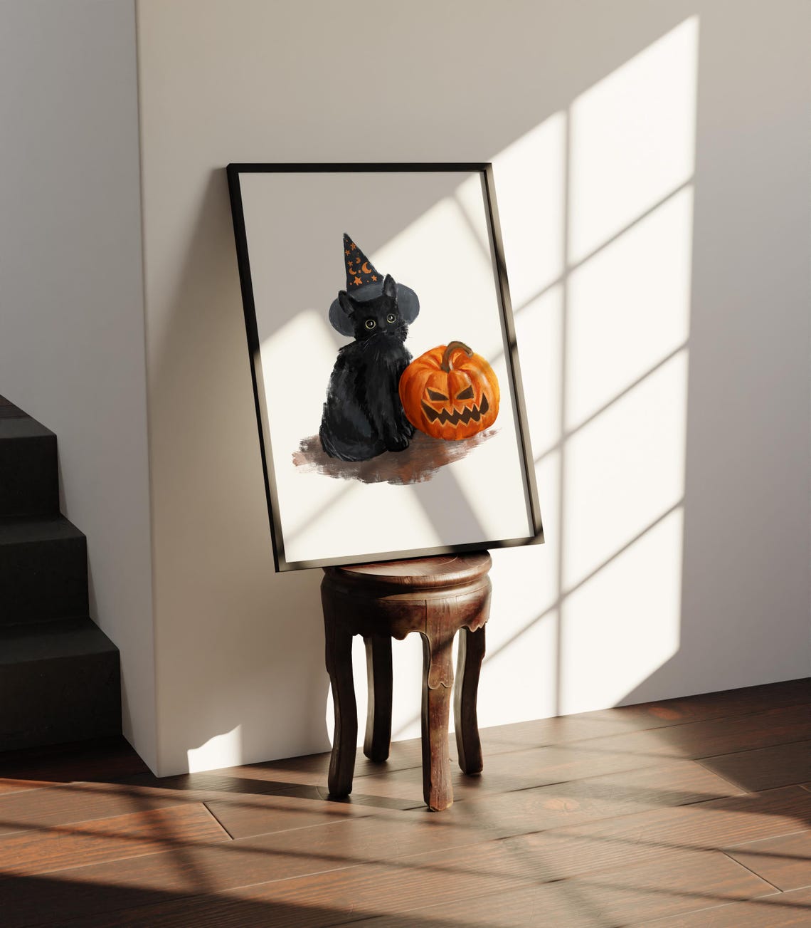 Cute Black Cat in Witch Hat with Jack O Lantern Halloween Art Poster - Image 2